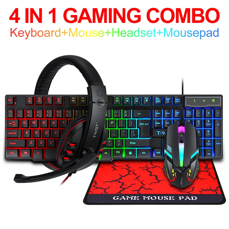 Gaming Keyboard Mouse Combo - T-WOLF Game Four Piece TF800 Illuminated